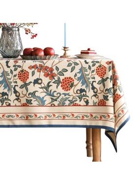 Floral Block Print Tablecloth in Cream and Red
